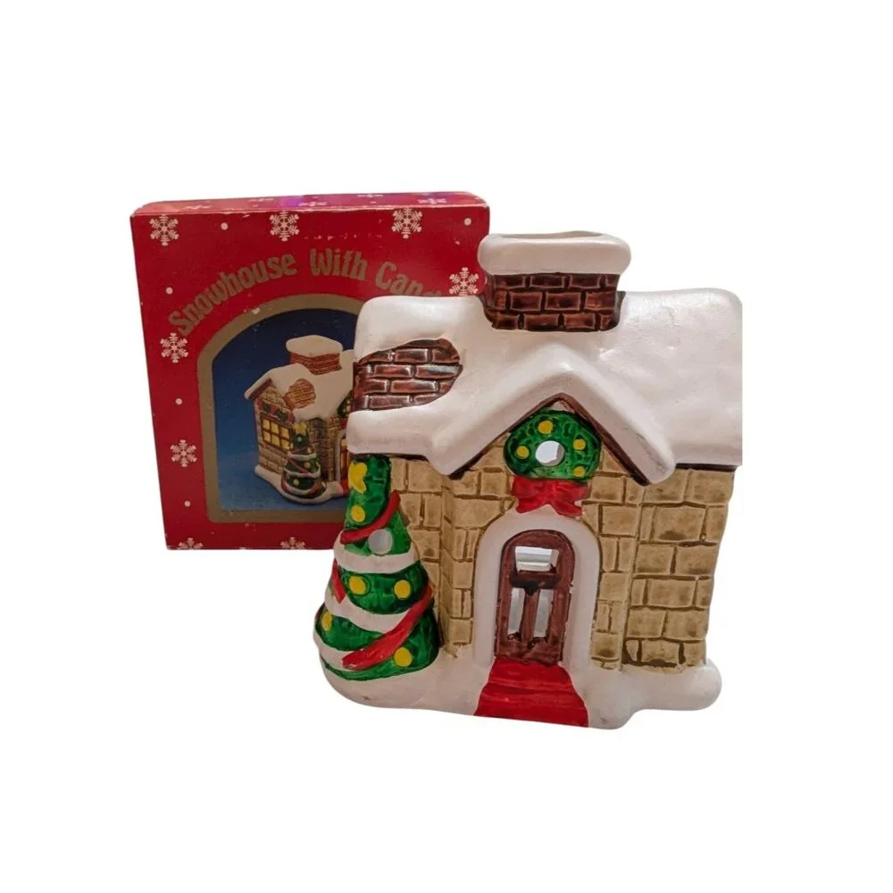 Russ Berrie Snow House Votive Candle Holder w/ box 1980s Holiday Christmas vtg